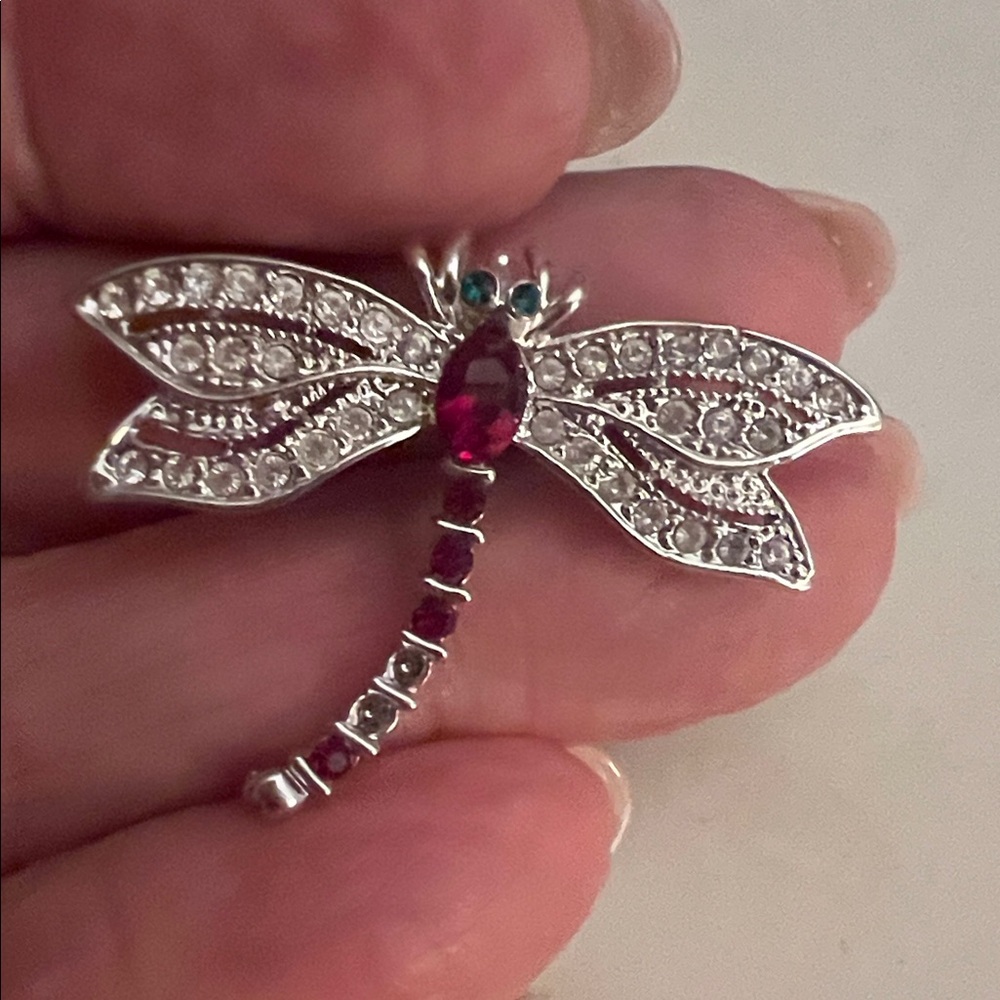Silver Dragonfly Brooch with Pink and Green Stones